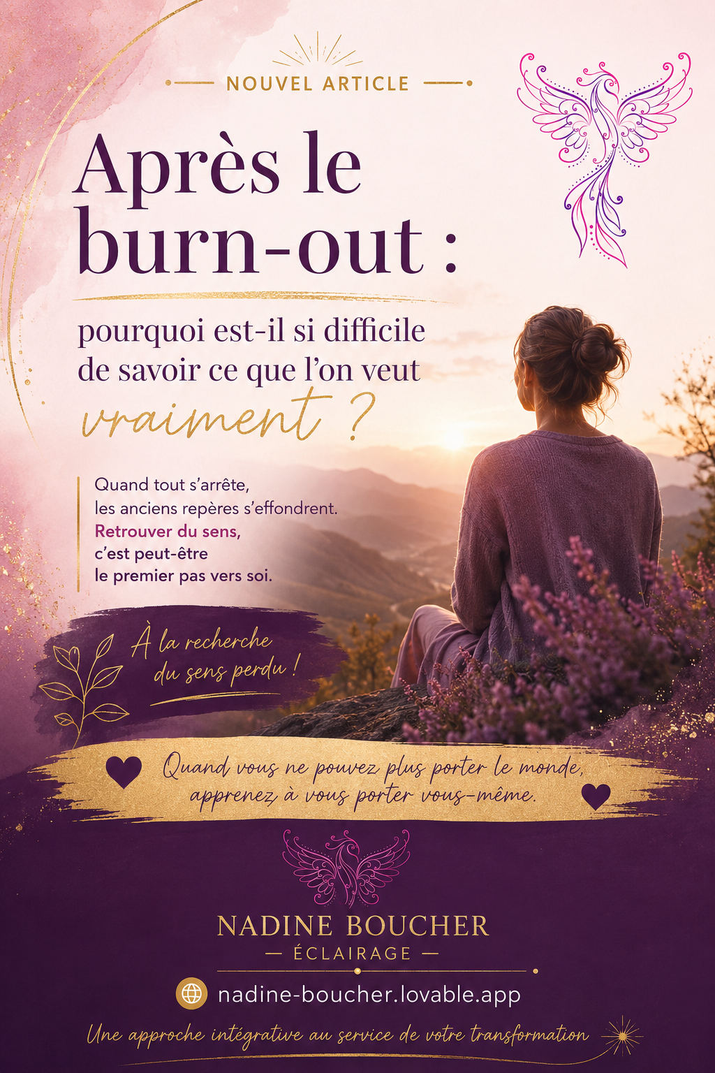 Femme contemplant le paysage après un burn-out, symbolisant la recherche de sens et le retour à soi.
