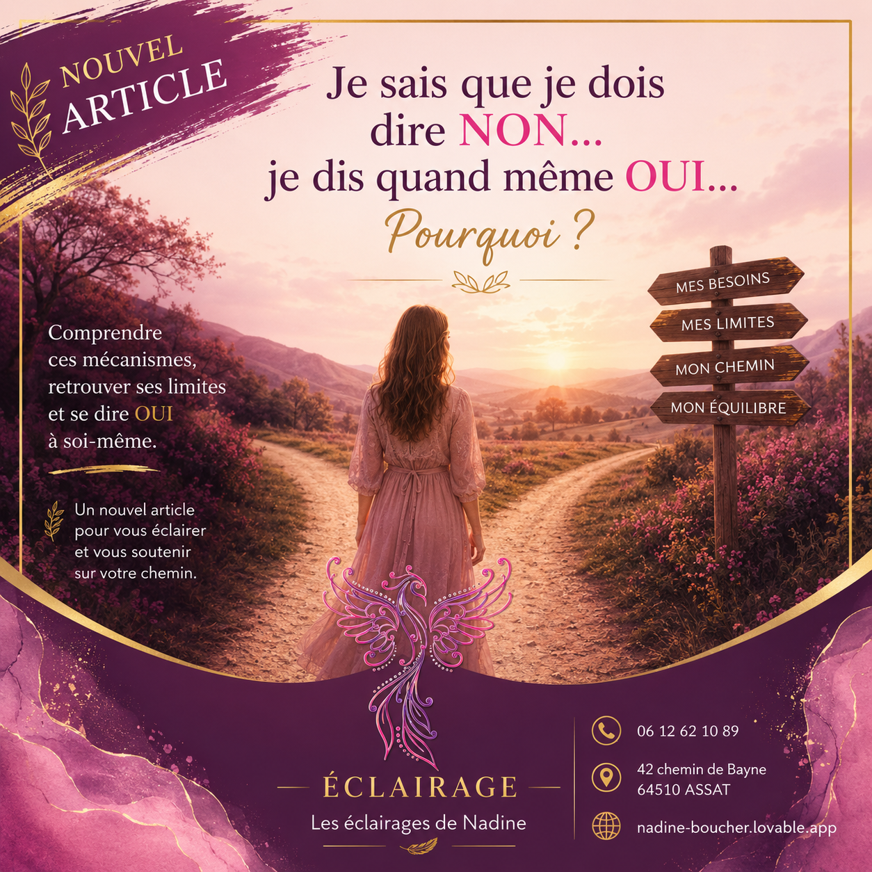 Femme face à deux chemins symbolisant le choix de dire non, d’écouter ses besoins et de poser ses limites.