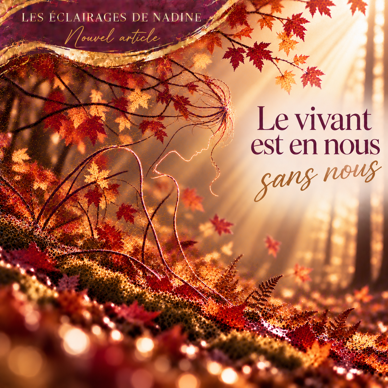 Illustration automnale avec une silhouette féminine en contours et le titre « Le vivant est en nous sans nous »