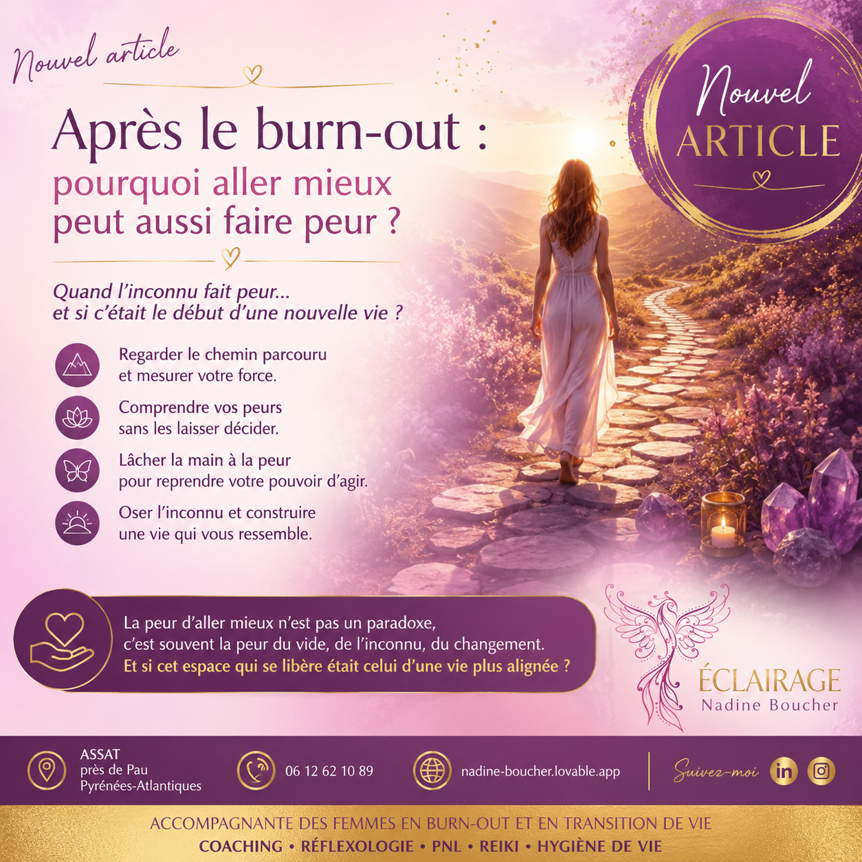 Femme avançant sur un chemin après un burn-out, symbolisant la peur du changement et la reconstruction.