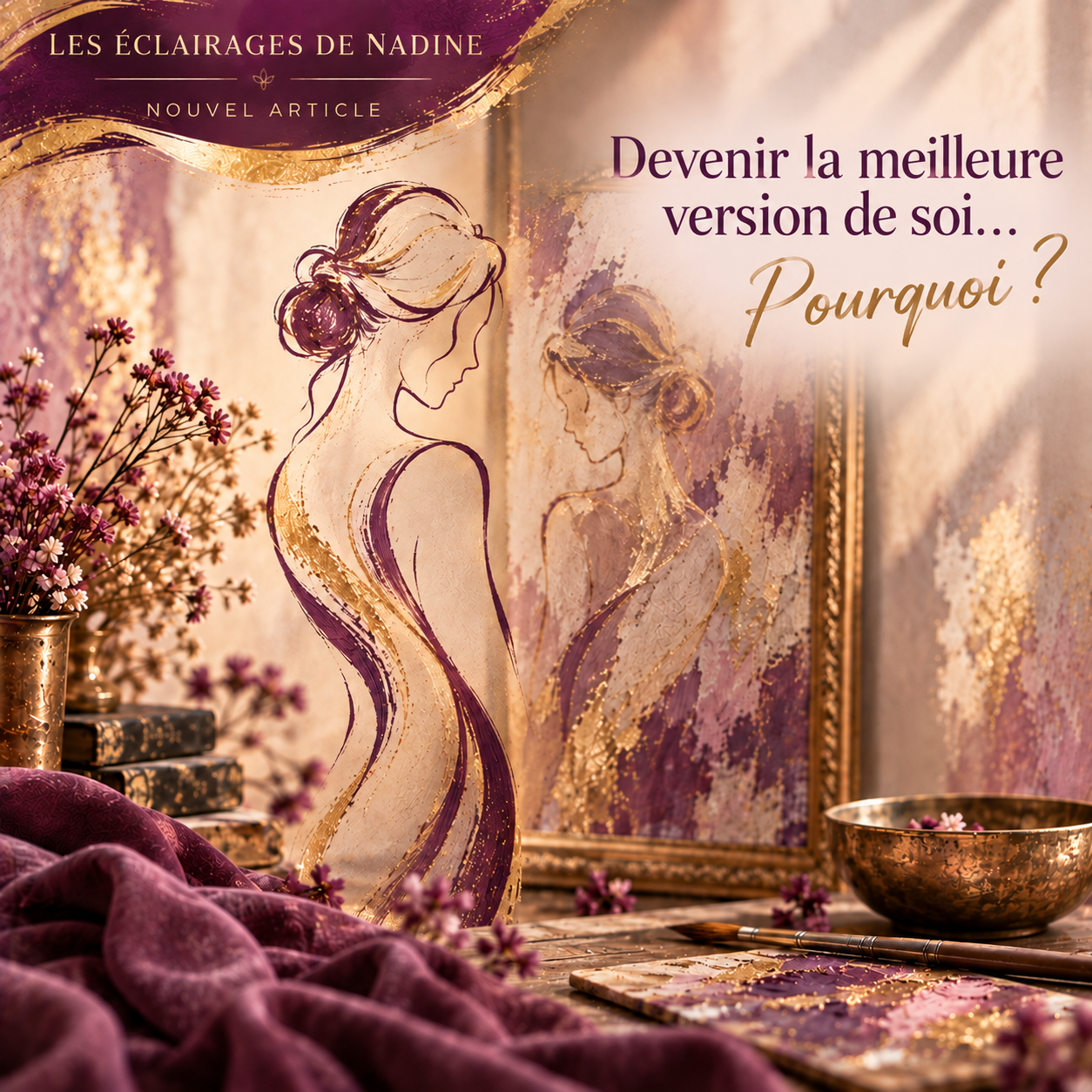 Silhouette féminine dorée face à son reflet dans un miroir, illustrant l’article « Devenir la meilleure version de soi… Pourquoi ? »